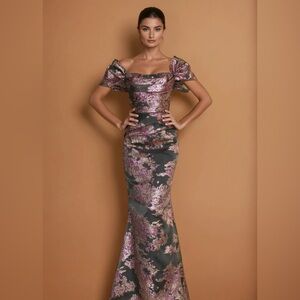 Metallic Brocade Strapless Gown in Rose Gold and Black and Pink